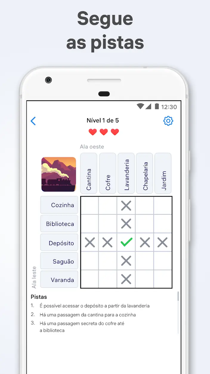 Grelha de correspondência com cruzes, um visto e lista de pistas numeradas